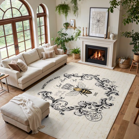 Area Rug for Living Room Vintage Farmhouse Bee Washable Rug 5x7ft, Soft Non-Slip Cushion Rugs Chenille Sponge, on Letter Floor Carpet for Bedroom Dining Room Office Nursery Home Dorm