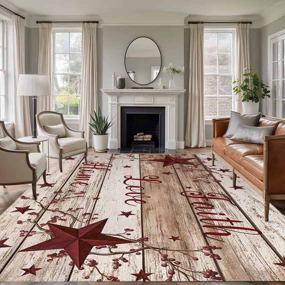 Area Rug for Living Room, Vintage Farmhouse Non-Slip Indoor Ex Large Carpet for Bedroom/Dining Room, Brown Country Star Berries Wooden Grain Washable Low-Profile Floor Runner Rugs - 8 x 10 Ft