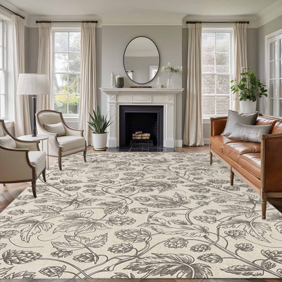 Area Rug for Living Room, Vintage Flowers Non-Slip Indoor Large Carpet for Bedroom/Dining Room, Branch Plants Beige Botanical Rustic Washable Low-Profile Rectangle Floor Runner Rugs - 5 x 8 Ft