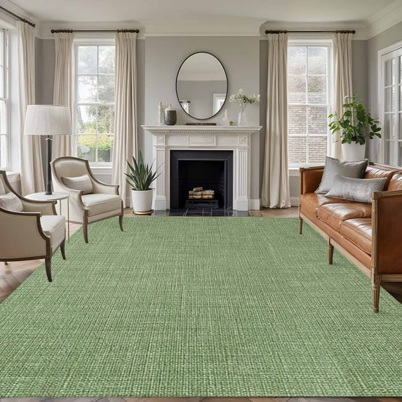 Area Rug for Living Room, Vintage Forest Green Non-Slip Indoor Large Carpet for Bedroom/Dining Room, Farmhouse Retro Solid Color Linen Texture Washable Low-Profile Floor Runner Rugs - 5 x 7 Ft