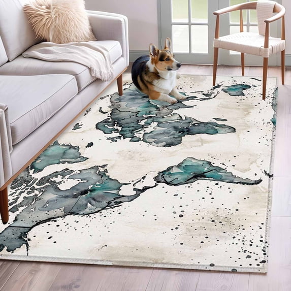 Area Rug for Living Room, Vintage Map Non-Slip Indoor Large Carpet for Bedroom/Dining Room, Teal Flowers Color Block Abstract Washable Low-Profile Rectangle Floor Mat Runner Rugs - 2.7 x 5 Ft