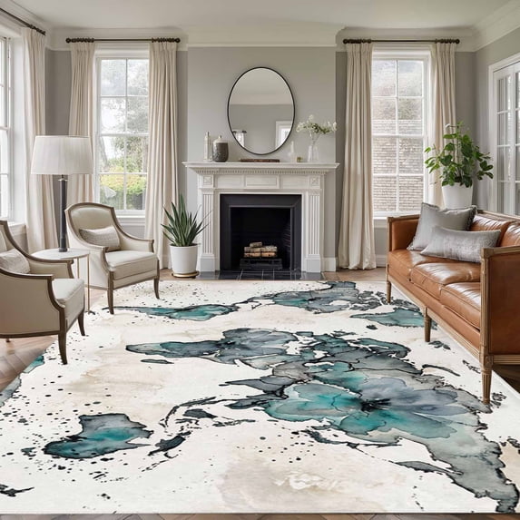 Area Rug for Living Room, Vintage Map Non-Slip Indoor Large Carpet for Bedroom/Dining Room, Teal Flowers Color Block Abstract Washable Low-Profile Rectangle Floor Runner Rugs - 5 x 7 Ft