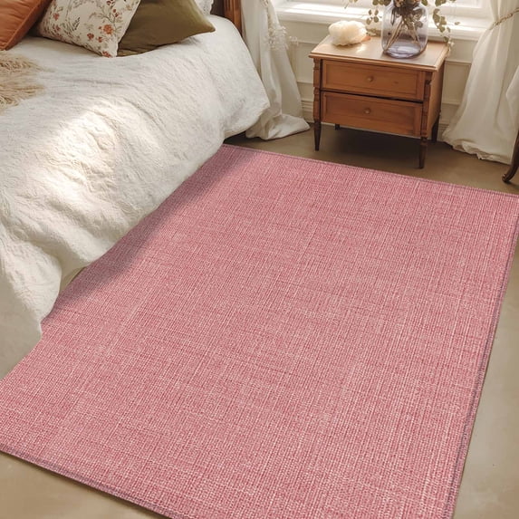 Area Rug for Living Room, Vintage Peach Pink Non-Slip Indoor Large Carpet for Bedroom/Dining Room, Farmhouse Retro Solid Color Linen Texture Washable Low-Profile Floor Mat Runner Rugs - 2.7 x 5 Ft