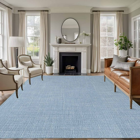 Area Rug for Living Room, Vintage Sky Blue Non-Slip Indoor Large Carpet for Bedroom/Dining Room, Farmhouse Retro Solid Color Linen Texture Washable Low-Profile Rectangle Floor Runner Rugs - 6 x 9 Ft