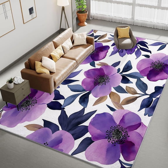 Area Rug For Living Room, Washable Clip Art Style Watercolor Flowers Printed Rug, Purple Rectangle Rugs Non-Slip Carpet For Kitchen, Bedroom, Office, Dining Room Decorative Carpet