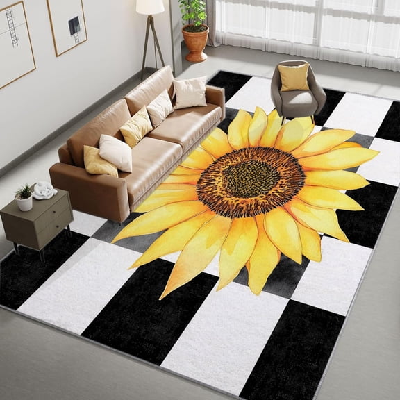 Area Rug For Living Room, Washable Clip Art Style Watercolor Sunflowers Printed Rug, Yellow Rectangle Rugs Non-Slip Carpet For Kitchen, Bedroom, Office, Dining Room Decorative Carpet