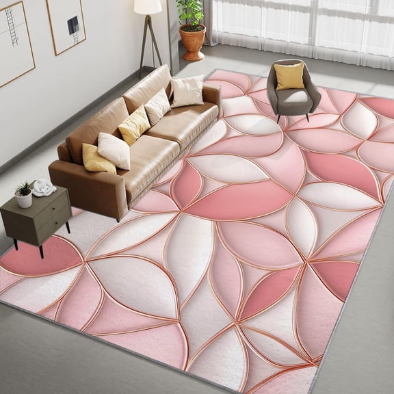 Area Rug For Living Room, Washable Geometric Abstract Flower Printed Rug, Rose Gold Rectangle Rugs Non-Slip Carpet For Kitchen, Bedroom, Office, Dining Room Decorative Carpet