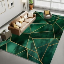 Area Rug For Living Room, Washable Geometric Abstract Golden Lines Printed Rug, Emerald Green Rectangle Rugs Non-Slip Carpet For Kitchen, Bedroom, Office, Dining Room Decorative Carpet