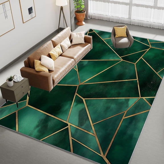 Area Rug For Living Room, Washable Geometric Abstract Golden Lines Printed Rug, Emerald Green Rectangle Rugs Non-Slip Carpet For Kitchen, Bedroom, Office, Dining Room Decorative Carpet
