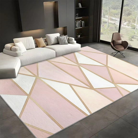 Area Rug For Living Room, Washable Geometric Luxury Gold Foil Line Printed Rug, Rose Gold Rectangle Rugs Non-Slip Carpet For Kitchen, Bedroom, Office, Dining Room Decorative Carpet