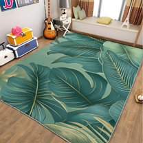 Area Rug For Living Room, Washable Plant Tropical Leaf Line Art Printed Rug, Green Rectangle Rugs Non-Slip Carpet For Kitchen, Bedroom, Office, Dining Room Decorative Carpet