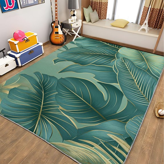 Area Rug For Living Room, Washable Plant Tropical Leaf Line Art Printed Rug, Green Rectangle Rugs Non-Slip Carpet For Kitchen, Bedroom, Office, Dining Room Decorative Carpet