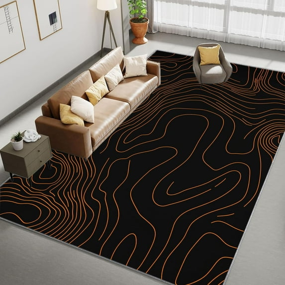 Area Rug For Living Room, Washable Simple Style Terrain Line Printed Rug, Black Rectangle Rugs Non-Slip Carpet For Kitchen, Bedroom, Office, Dining Room Decorative Carpe