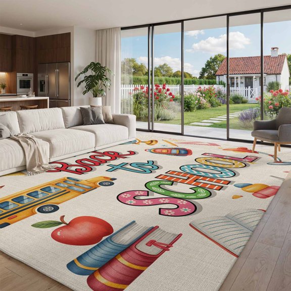 Area Rug for Living Room Watercolor Back to School Season Washable Rug 8x10ft, Soft Non-Slip Cushion Rugs Chenille Sponge, Bag Bus Book Pencil Linen Floor Carpet for Bedroom Dining Room Office
