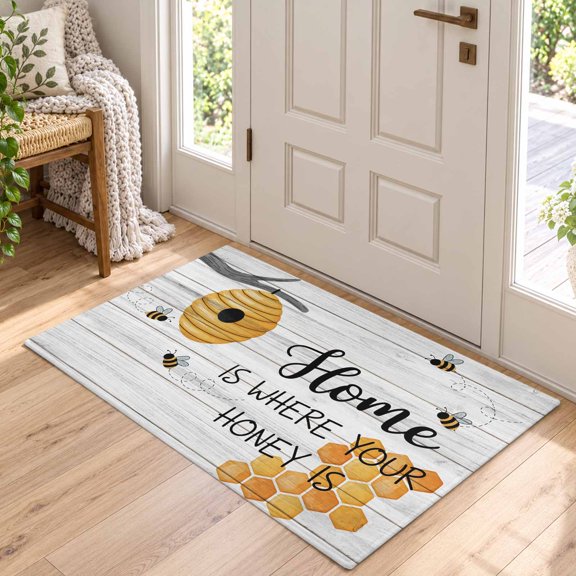 Area Rug for Living Room Watercolor Bee Honey on Wood Board Washable Rug 2x3ft, Soft Non-Slip Cushion Rugs Chenille Sponge, Retro Farm Plank Floor Carpet for Bedroom Dining Room Office Nursery Home