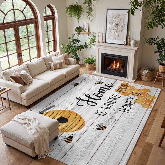 Area Rug for Living Room Watercolor Bee Honey on Wood Board Washable Rug 5x7ft, Soft Non-Slip Cushion Rugs Chenille Sponge, Retro Farm Plank Floor Carpet for Bedroom Dining Room Office Nursery