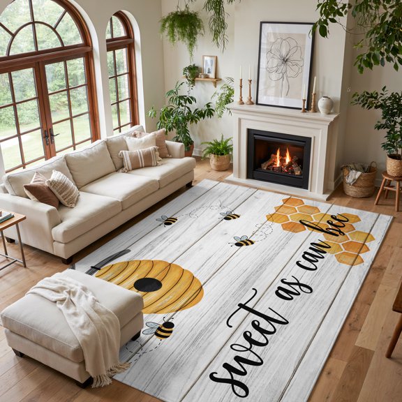 Area Rug for Living Room Watercolor Bee Honeycomb Tree Branch Washable Rug 5x7ft, Soft Non-Slip Cushion Rugs Chenille Sponge, Farm Wood Grain Floor Carpet for Bedroom Dining Room Office Nursery