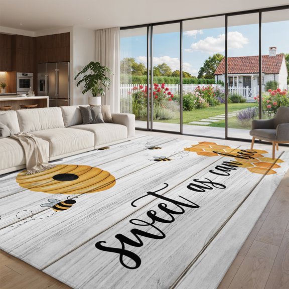 Area Rug for Living Room Watercolor Bee Honeycomb Tree Branch Washable Rug 8x10ft, Soft Non-Slip Cushion Rugs Chenille Sponge, Farm Wood Grain Floor Carpet for Bedroom Dining Room Office Nursery Home