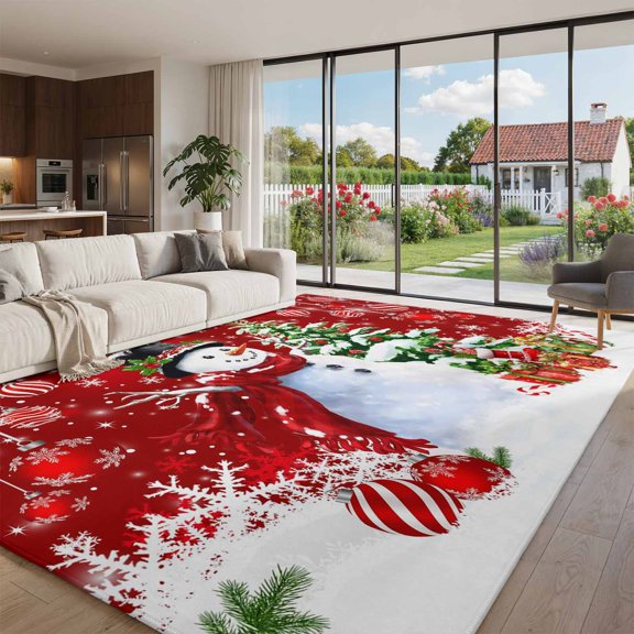Area Rug for Living Room Watercolor Christmas Tree Ball Washable Rug 8x10ft, Soft Non-Slip Cushion Rugs Chenille Sponge, Snowman on Red Background Floor Carpet for Bedroom Dining Room Office Nursery