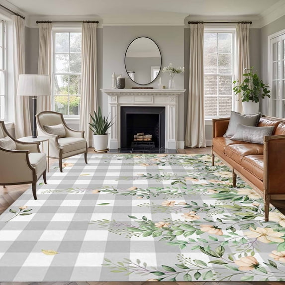 Area Rug for Living Room, Watercolor Floral Non-Slip Indoor Ex Large Carpet for Bedroom/Dining Room, Spring Flowers Leaves Plants Gray Plaid Washable Low-Profile Floor Runner Rugs - 8 x 10 Ft