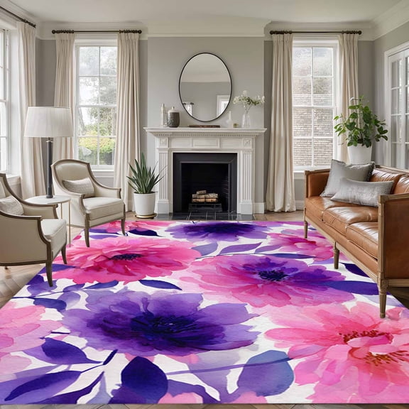 Area Rug for Living Room, Watercolor Floral Non-Slip Indoor Large Carpet for Bedroom/Dining Room, Spring Flowers Botanical Vintage Washable Low-Profile Rectangle Floor Runner Rugs - 6 x 9 Ft