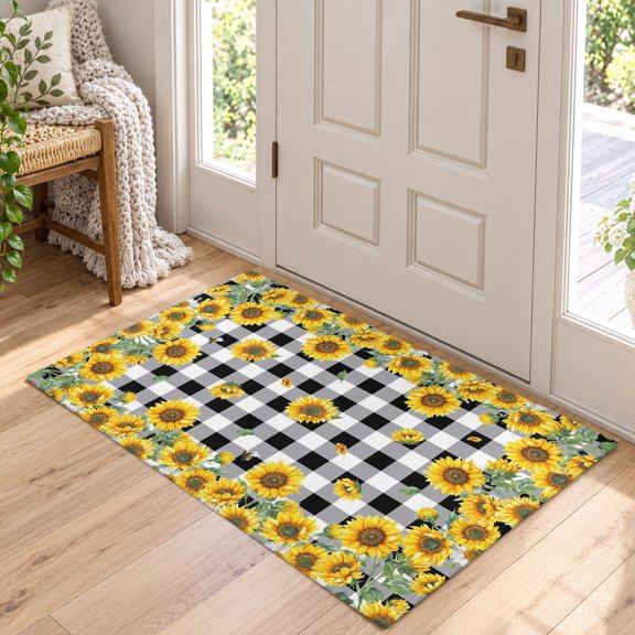 Area Rug for Living Room Watercolor Sunflowers Floral on Buffalo Washable Rug 2x3ft, Soft Non-Slip Cushion Rugs Chenille Sponge, Black White Yellow Floor Carpet for Bedroom Dining Room Office Nursery