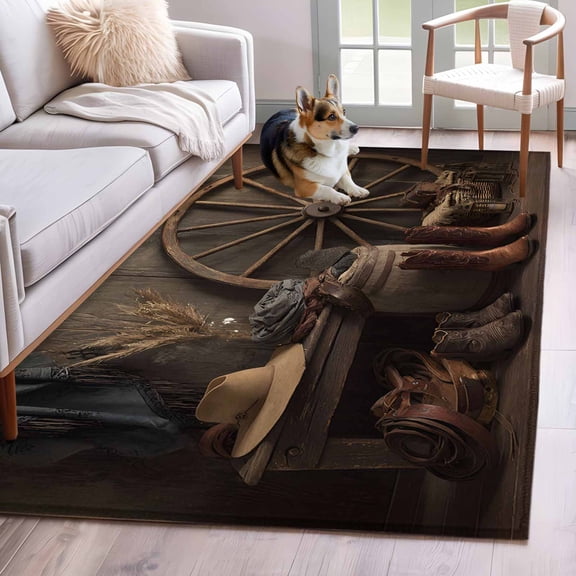 Area Rug for Living Room, Western Vintage Non-Slip Indoor Large Carpet for Bedroom/Dining Room, Country Cowboy Boots Cow Skulls Retro Washable Low-Profile Rectangle Floor Runner Rugs - 4 x 6 Ft