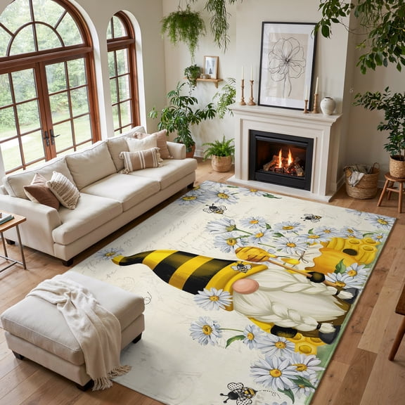 Area Rug for Living Room White Daisy Pastoral Gnome Bee Washable Rug 5x7ft, Soft Non-Slip Cushion Rugs Chenille Sponge, Summer Honey Hive Floor Carpet for Bedroom Dining Room Office Nursery