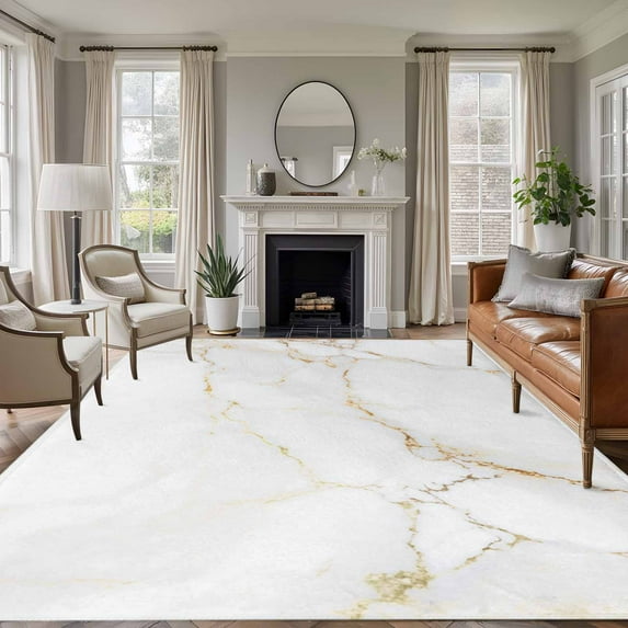Area Rug for Living Room, White Golden Marble Non-Slip Indoor Large Carpet for Bedroom/Dining Room, Modern Abstract Art Elegant Washable Low-Profile Rectangle Floor Runner Rugs - 6 x 9 Ft