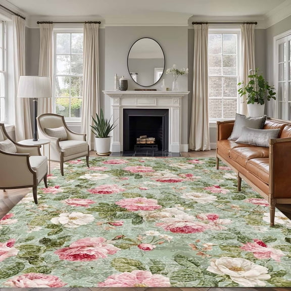 Area Rug for Living Room, White Pink Flower Non-Slip Indoor Large Carpet for Bedroom/Dining Room, Shabby Chic Spring Vintage Leaf Green Washable Low-Profile Rectangle Floor Runner Rugs - 6 x 9 Ft