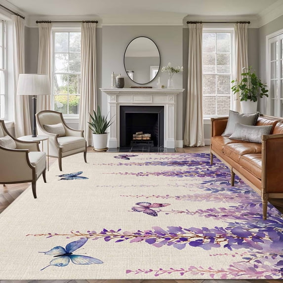 Area Rug for Living Room, Wisteria Non-Slip Indoor Large Carpet for Bedroom/Dining Room, Spring Purple Flowers Butterflies Vintage Beige Washable Low-Profile Rectangle Floor Runner Rugs - 6 x 9 Ft