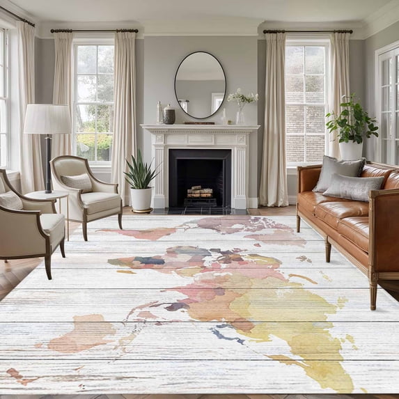 Area Rug for Living Room, World Map Non-Slip Indoor Large Carpet for Bedroom/Dining Room, Farmhouse Abstract Illustration Wooden Grain Washable Low-Profile Rectangle Floor Runner Rugs - 5 x 7 Ft