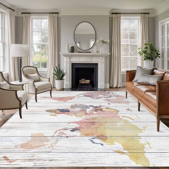 Area Rug for Living Room, World Map Non-Slip Indoor Large Carpet for Bedroom/Dining Room, Farmhouse Abstract Illustration Wooden Grain Washable Low-Profile Rectangle Floor Runner Rugs - 6 x 9 Ft