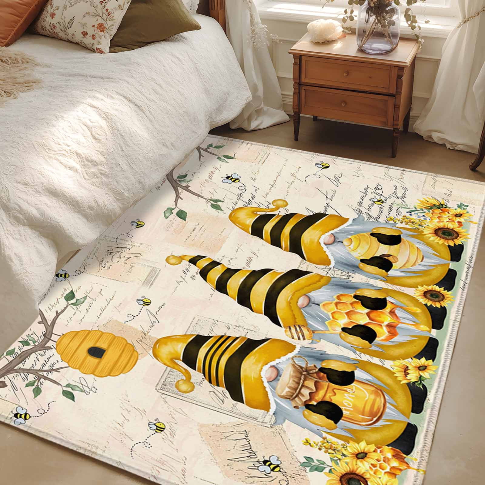 Area Rug for Living Room, Yellow Bees Gnomes Non-Slip Indoor Large ...