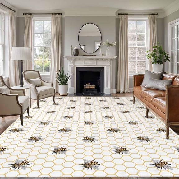 Area Rug for Living Room, Yellow Bees Non-Slip Indoor Ex Large Carpet for Bedroom/Dining Room, Honeybee Geometric Hive Simple Pastoral Washable Low-Profile Rectangle Floor Runner Rugs - 8 x 10 Ft