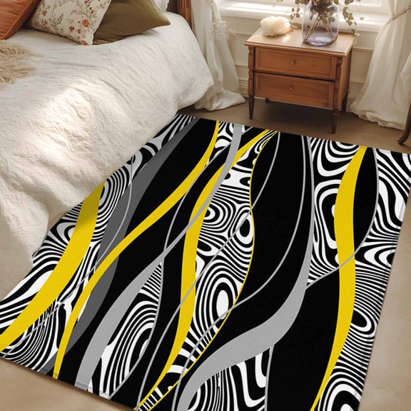 Area Rug for Living Room, Yellow Black Stripes Non-Slip Indoor Large Carpet for Bedroom/Dining Room, Modern Grey Ombre Abstract Striped Washable Low-Profile Floor Mat Runner Rugs - 2.7 x 5 Ft