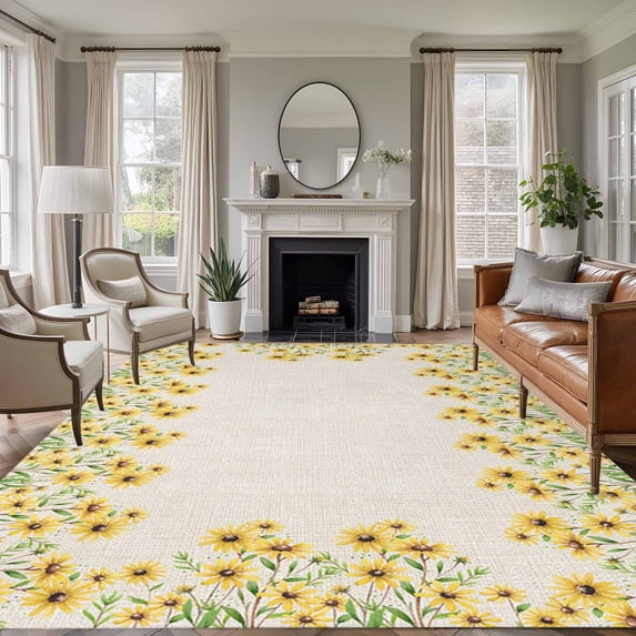 Area Rug for Living Room, Yellow Daisy Non-Slip Indoor Ex Large Carpet for Bedroom/Dining Room, Spring Summer Rustic Garden Floral Blossom Washable Low-Profile Rectangle Floor Runner Rugs - 8 x 10 Ft