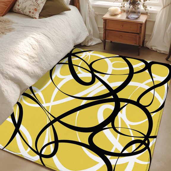 Area Rug for Living Room, Yellow Geometric Non-Slip Indoor Large Carpet for Bedroom/Dining Room, Farmhouse Abstract Black White Striped Washable Low-Profile Rectangle Floor Runner Rugs - 4 x 6 Ft