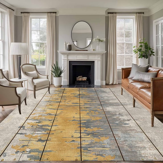 Area Rug for Living Room, Yellow Grey Abstract Non-Slip Indoor Ex Large Carpet for Bedroom/Dining Room, Gradient Geometric Graffiti Retro Wooden Washable Low-Profile Floor Runner Rugs - 8 x 10 Ft