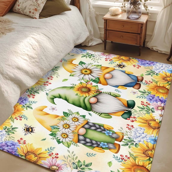 Area Rug for Living Room, Yellow Sunflowers Non-Slip Indoor Large Carpet for Bedroom/Dining Room, Spring Gnomes Hydrangea Daisy Plants Washable Low-Profile Rectangle Floor Mat Runner Rugs - 3 x 5 Ft