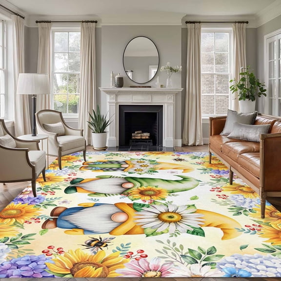 Area Rug for Living Room, Yellow Sunflowers Non-Slip Indoor Large Carpet for Bedroom/Dining Room, Spring Gnomes Hydrangea Daisy Plants Washable Low-Profile Rectangle Floor Runner Rugs - 5 x 8 Ft