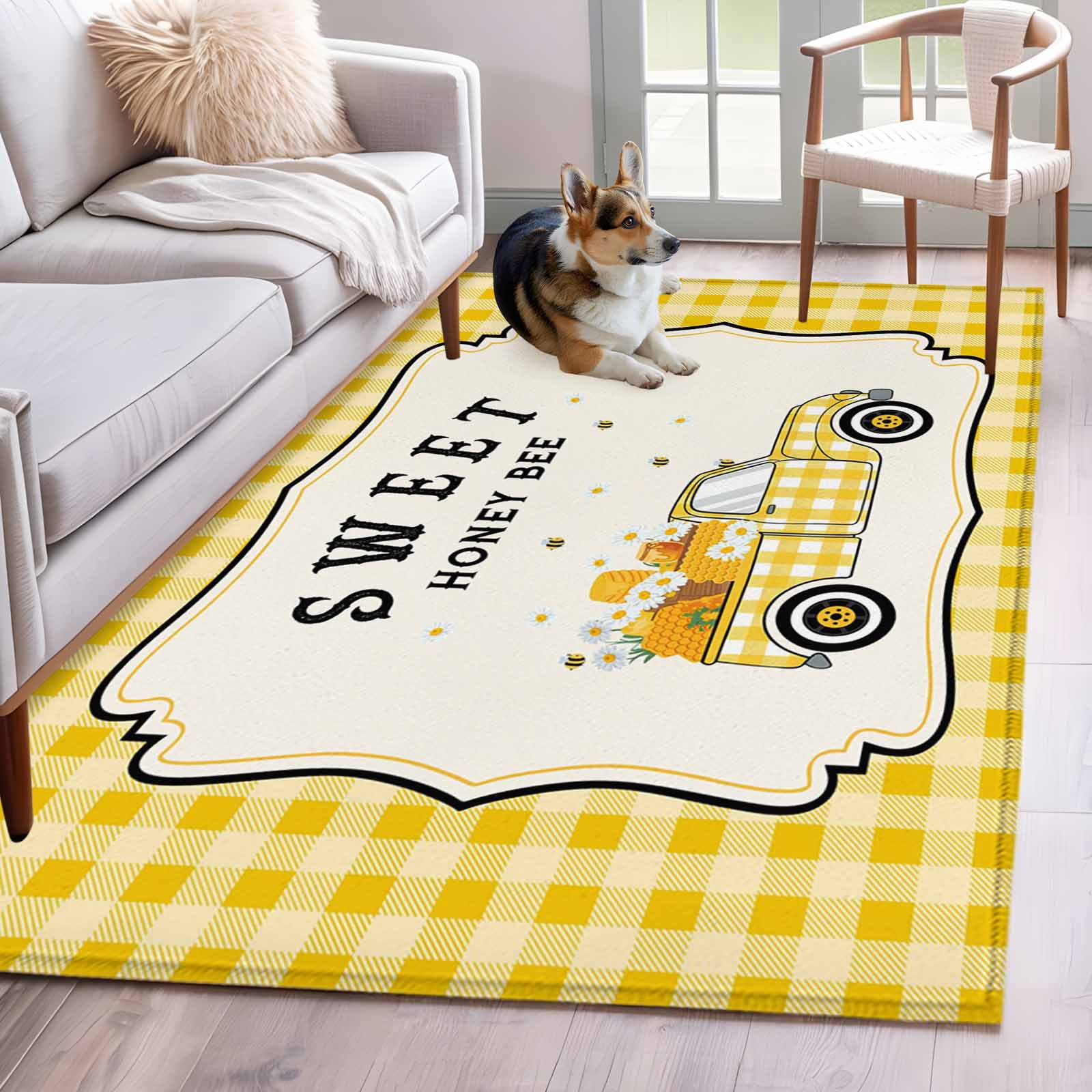 Bee Yellow Rug Area Rug for Living Room, Yellow Truck Non-Slip Indoor Large Carpet for ...