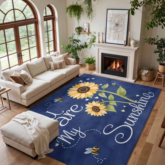 Area Rug for Living Room You Are My Sunshine Words Washable Rug 5x7ft, Soft Non-Slip Cushion Rugs Chenille Sponge, Farm Sunflowers Bee on Blue Floor Carpet for Bedroom Dining Room Office Nursery