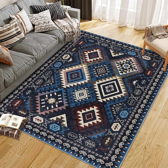 Area Rug Machine Washable Non-Slip Low Pile Geometric Print Pattern Western Easy-Cleaning Rug for Living Room Bedroom Nursery Entryway