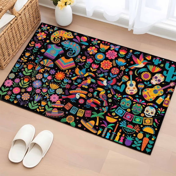 Area Rug Mexico Floral Flower Guitar Cactus Parrot Rectangle Area Rugs Washable Rug for Living Room Bedroom Dining Room, Retro Aesthetic Soft Non-slip Floor Carpet 2x3ft