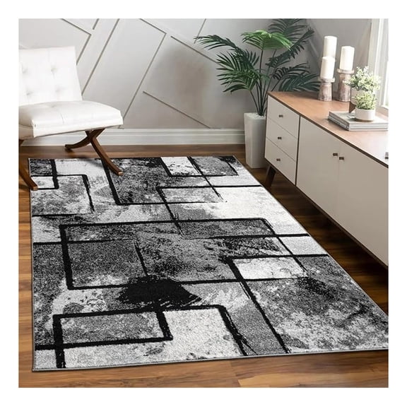 Area Rug Modern Abstract Paint Effect in Black Grey, Size: 4'7" x 6'7"