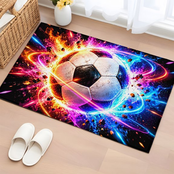 Area Rug Modern Soccer Ball Rectangle Area Rugs Washable Rug for Living Room Bedroom Dining Room, Colorful Fiery Flames Soft Non-slip Floor Carpet 2x3ft
