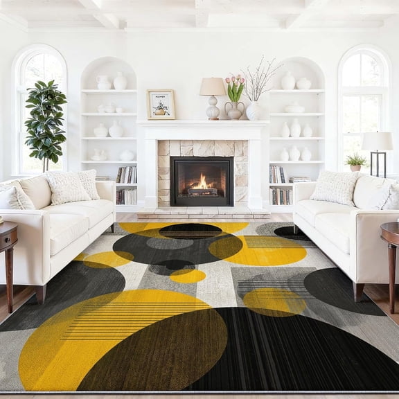 Area Rug Modern Yellow Circles Geometry Soft Contemporary Floor Abstract Carpet Fluffy Texture for Indoor Living Dining Room and Bedroom Area-2' x 3'