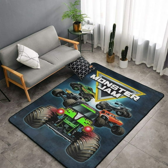 Area Rug Monster Truck Jam Living Room Carpet Bedroom 5x3 Feet Rug Flannel Children Crawling Non-Slip Floor Mat For Kids Playroom Garden Entry Home Decor 60x39 Inch
