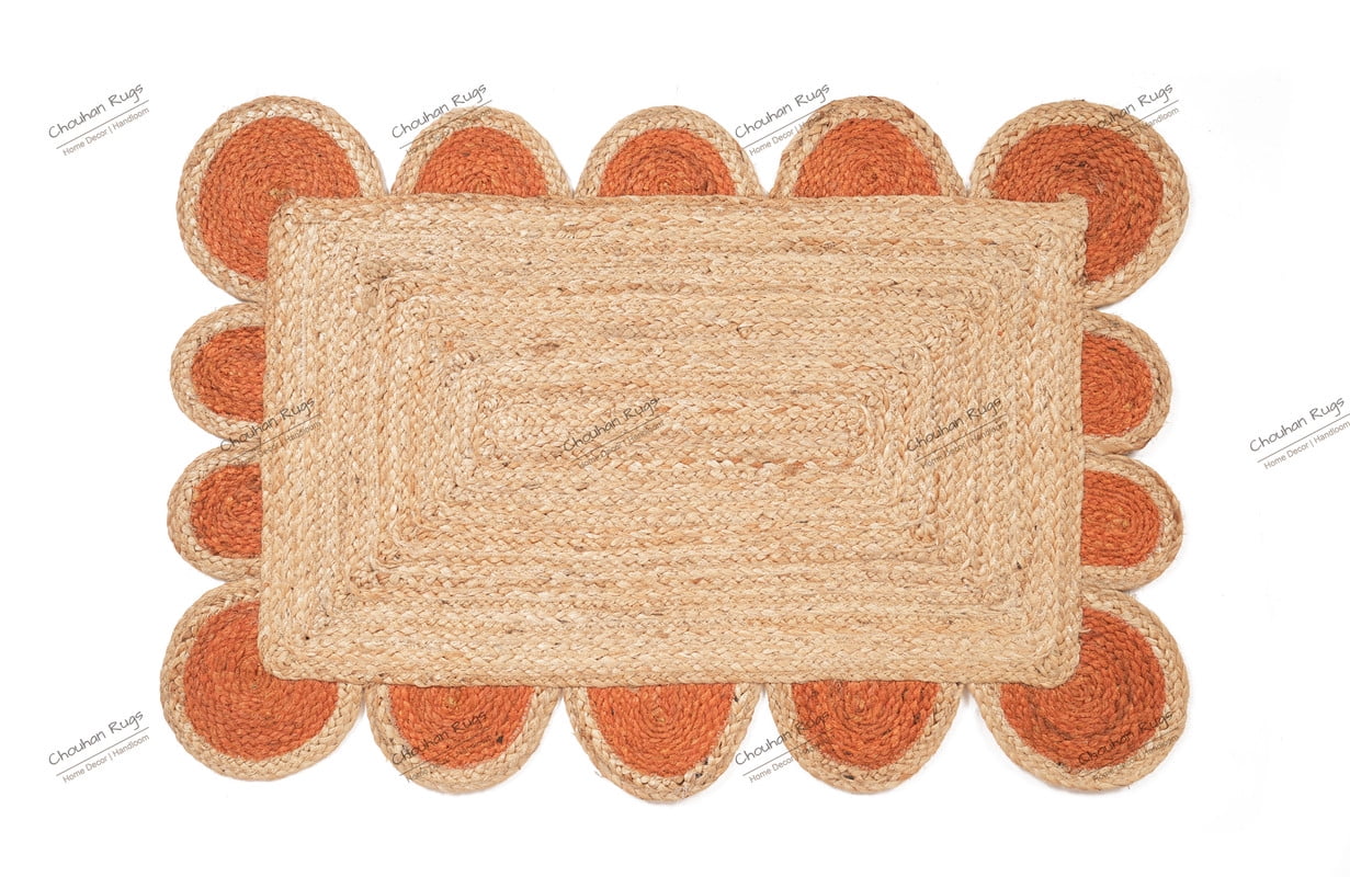 Area Rug Natural Fiber Jute Hand Braided Rug Orange Scalloped Pattern Rug